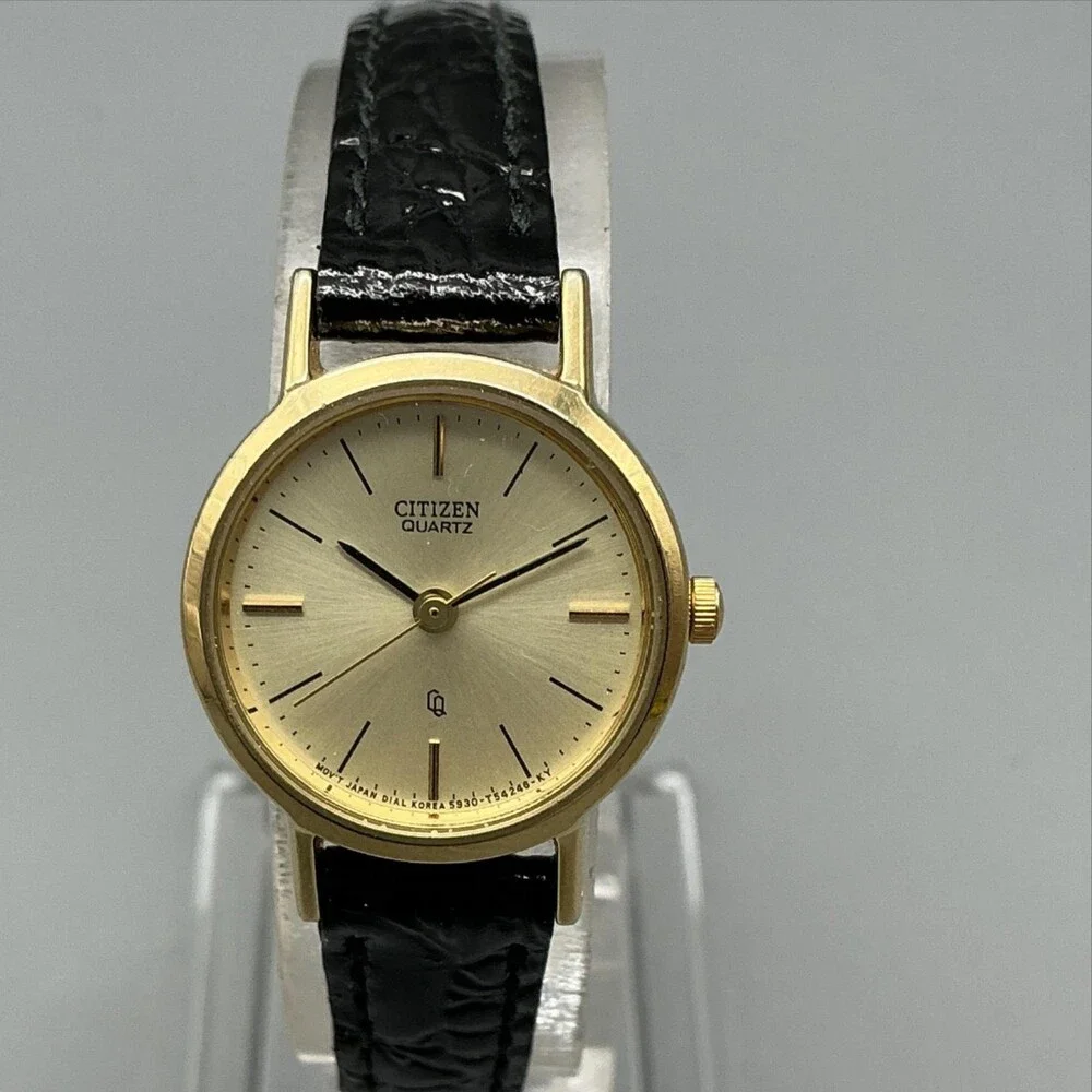 Vintage Citizen Womens Watch 21mm Champagne Gold Tone Black Leather New Battery